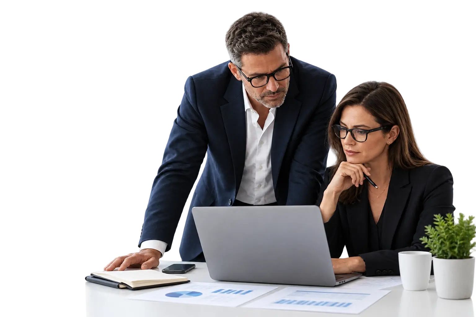 Two Executives reading Dinsmore Steele PEO Case Studies 