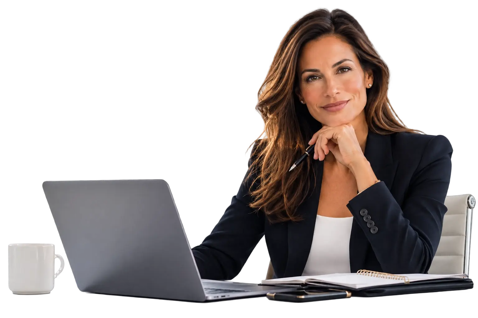 Confident Businesswoman with Laptop and Notebook