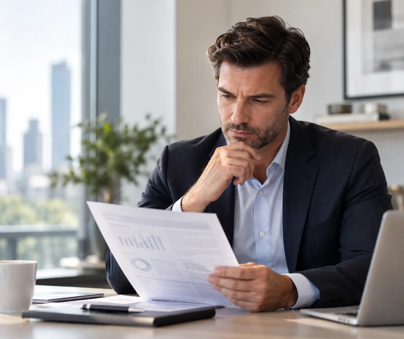 Thoughtful Executive Reviewing Business Reports