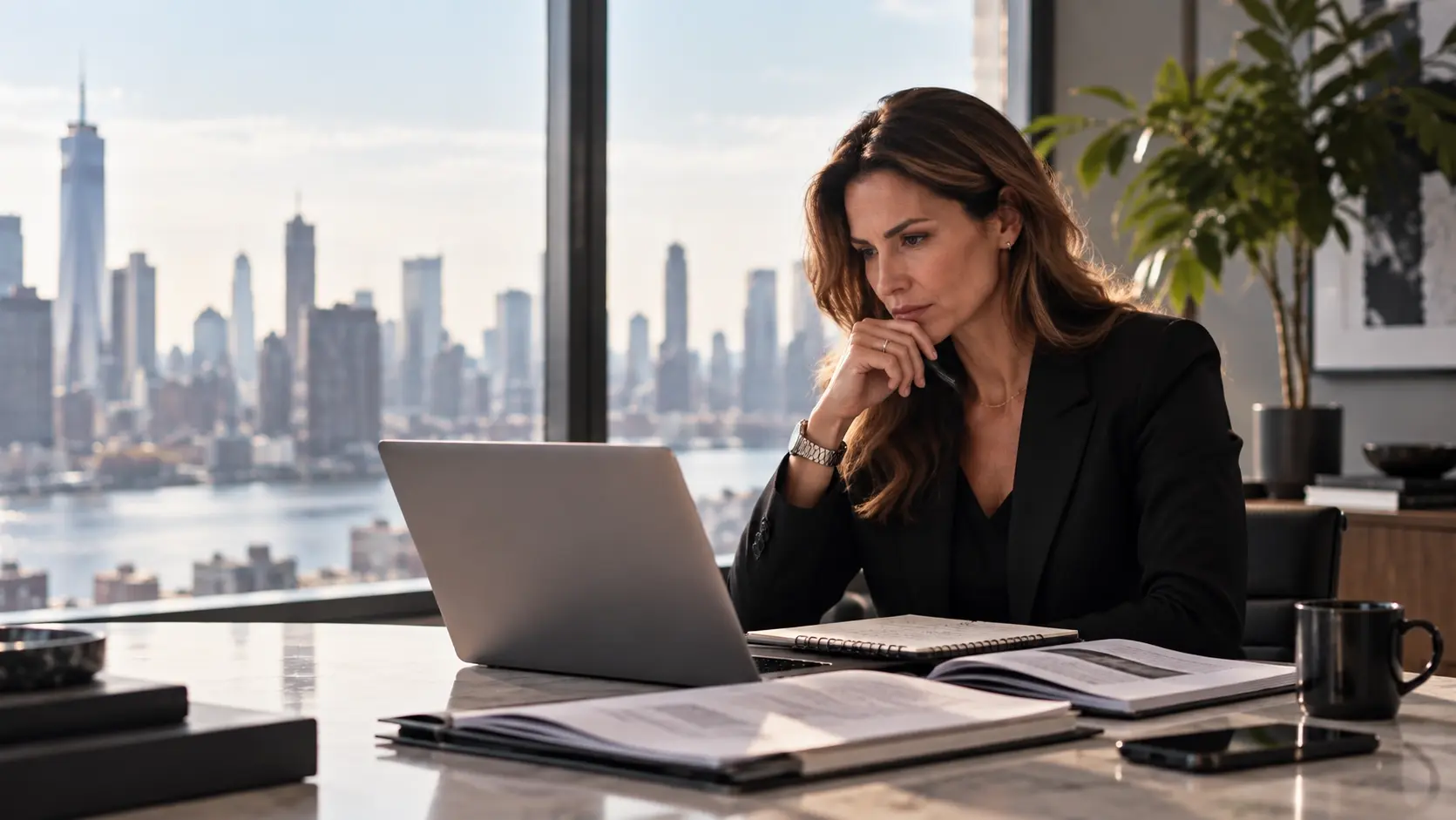 Thoughtful Executive at Skyline Desk