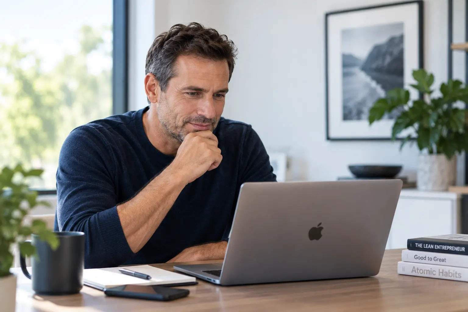 Self-employed man exploring his health insurance options with Dinsmore Steele on his Apple Macbook.