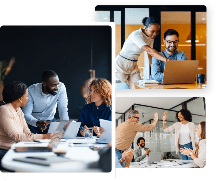A collage of office scenes showing teamwork: on the left, four people discussing around a table with laptops; top right, two colleagues reviewing a laptop screen together; bottom right, four people in a meeting room with two giving a high‑five while others watch.