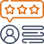 con showing an orange speech bubble with three stars, next to a gray outline of a person’s head and shoulders with horizontal lines, symbolizing user feedback or reviews.